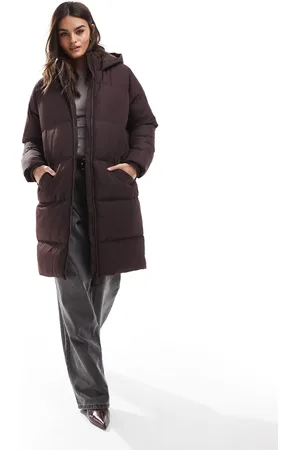 French Connection Longline puffer coat with hood in dark chocolate