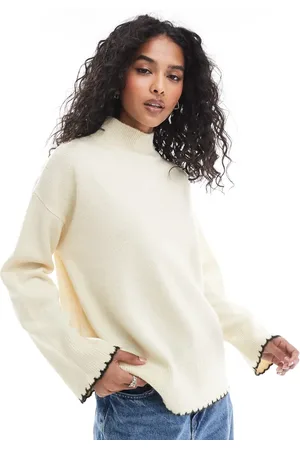 ASOS High neck sweater with blanket stitch in cream