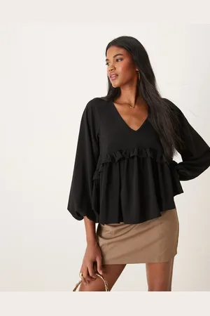 ASOS V neck smock top with ruffle in