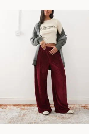 Reclaimed Velour cord rib wide leg pants in burgundy