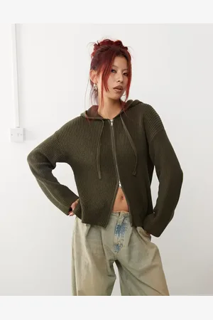 Monki Knit ribbed hoodie zip up cardigan in