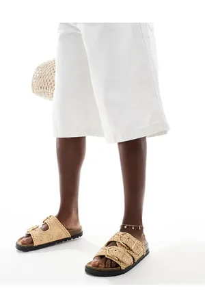 Stradivarius Flatform double buckle sandals in beige