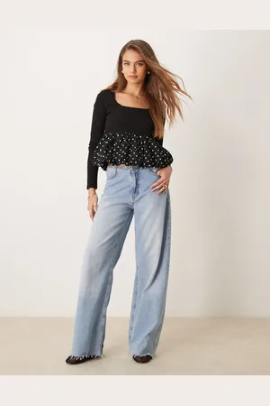 Glamorous Square neck long sleeve top with bubble hem in polka dot