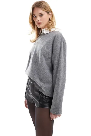 Stradivarius Brushed round neck long sleeve top in dark gray