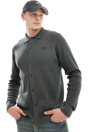 Fred Perry Pointelle panel long sleeve knitted shirt in dark