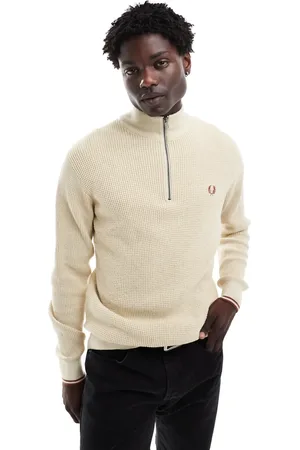 Fred Perry Waffle stitch knit half zip sweater in light beige