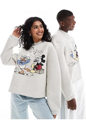 ASOS Disney unisex boxy oversized scuba sweatshirt with Mickey Mouse and Donald Duck print in gray heather