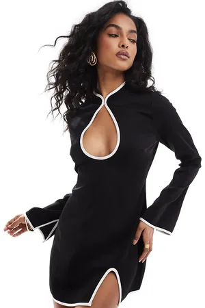 The Frolic Exclusive high neck keyhole contrast trim mini dress in black and white