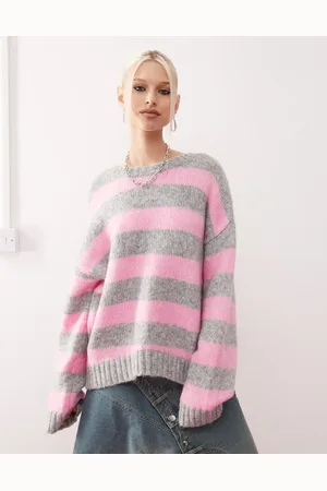 Monki Crew neck knit sweater in pink and gray stripe