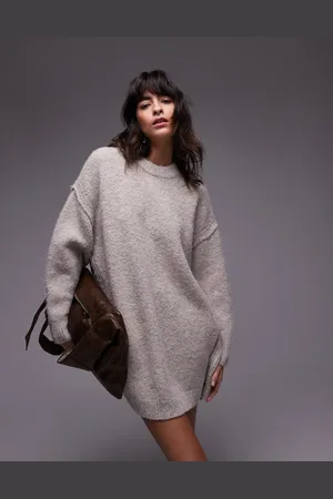Topshop Knitted oversized crew mini dress with exposed seam detail in oat