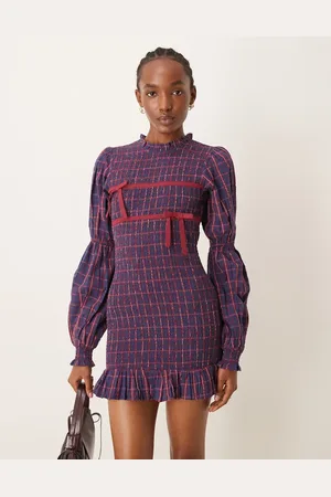 Neon Rose Check print ribbon detail shirred mini dress in
