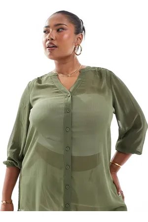 Yours Notch neck sheer crepe blouse in olive
