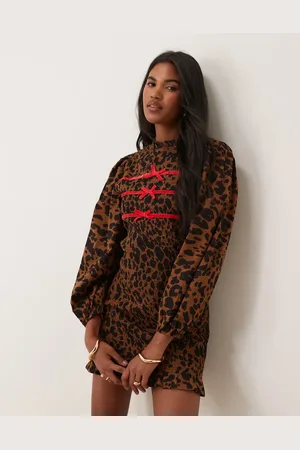 Neon Rose Leopard print shirred ribbon detail mini dress in