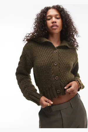 Topshop Knitted chunky cable collar cardi in khaki