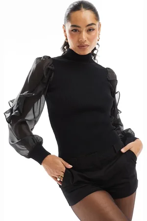 French Connection High neck ribbed top with sheer ruffle sleeves in