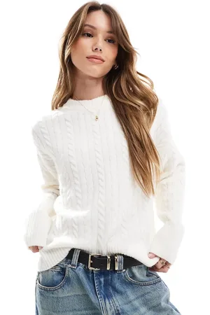 Bershka High neck oversized cable knit sweater in ecru