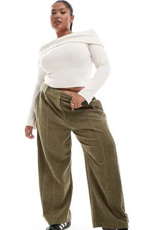 ASOS Curve cord pants with seam and tab detailing in khaki