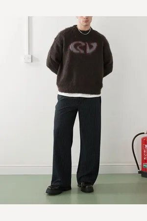 Reclaimed Wide leg pinstripe pants in navy