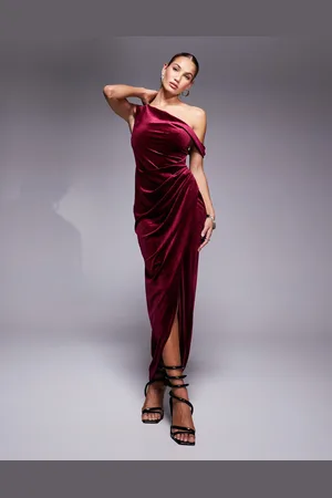 Jaded Rose One shoulder textured velvet maxi dress in burgundy