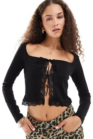 COLLUSION Tie front long sleeve lace trim ribbed top black