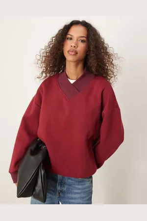 ASOS High v sweat with contrast trim in burgundy