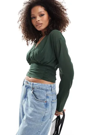 ASOS V neck crop blouse with ruched back in green