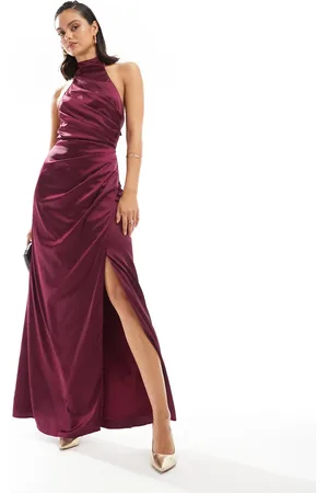 TFNC Satin high halterneck maxi dress in berry