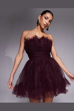 Lace & Beads Bandeau structured mini tulle dress in plum