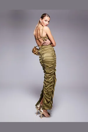 Jaded Rose Ruched backless maxi dress in olive