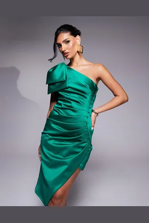 Lavish Alice Bonded satin bow shoulder wrap midi dress in emerald