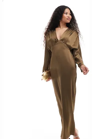TFNC Satin kimono top maxi dress in olive