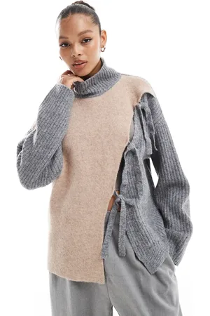 ASOS High neck sweater with tie detail and color block in