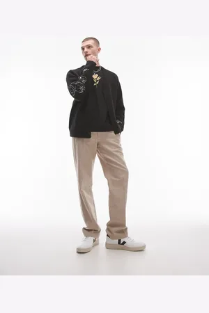 Topman Straight linen blend textured pants in stone