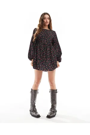 Daisy Street Long sleeve smock mini dress in cherry print