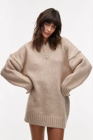 Topshop Knit high v-neck oversized mini dress in oat