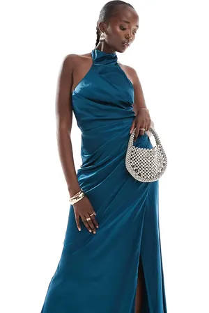 TFNC Satin high halterneck maxi dress in teal