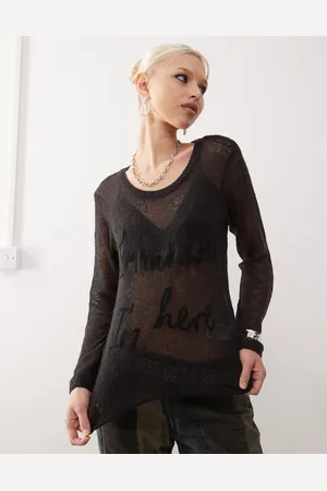Monki Long sleeve graphic sheer knit top in dark