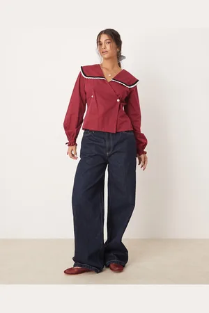 Neon Rose Velvet trim collar detail blouse in burgundy
