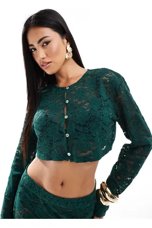 Aria Cove Exclusive lace button through long sleeve top in emerald - part of a set