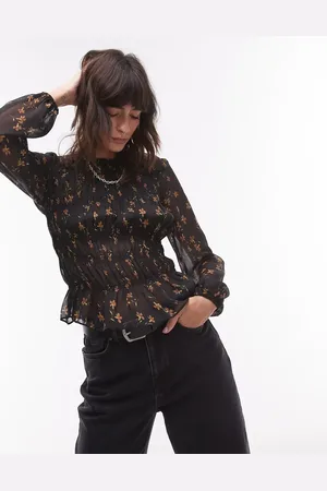 Topshop Asymmetric shirred top in sheer base ditsy