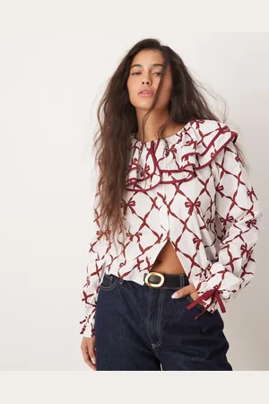 Neon Rose Harlequin bow print collar detail blouse in and red