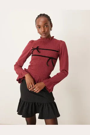 Neon Rose Shirred long sleeve blouse with velvet ties in burgundy