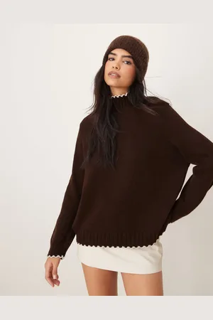 ASOS Blanket stitch high neck sweater in chocolate