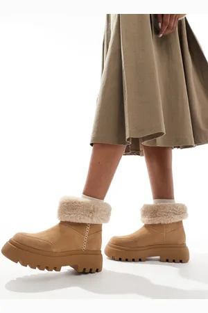 Stradivarius Faux fur chunky ankle boots in beige