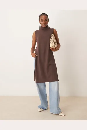 JDY High neck longline knitted vest in chocolate