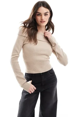 Bershka Bardot knitted sweater in taupe