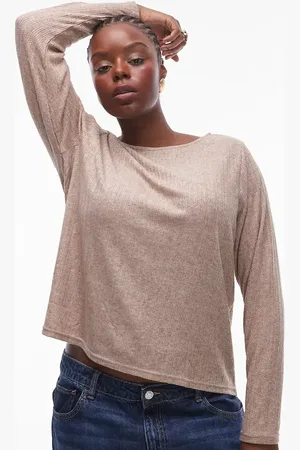 MANGO Curve mixed ribbed long sleeve top in beige