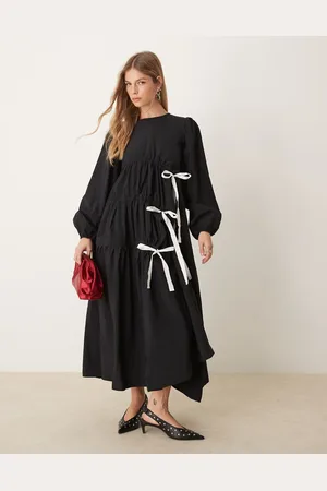 Ghospell Contrast bow ruched midi dress in