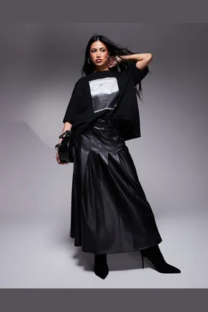 River Island Faux leather pleated midi skirt in