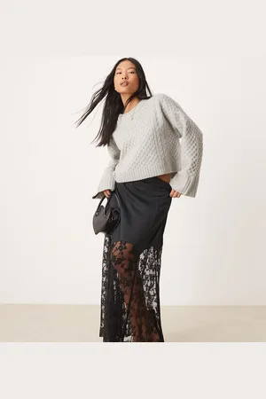 River Island River Island satin midi skirt with lace hem in